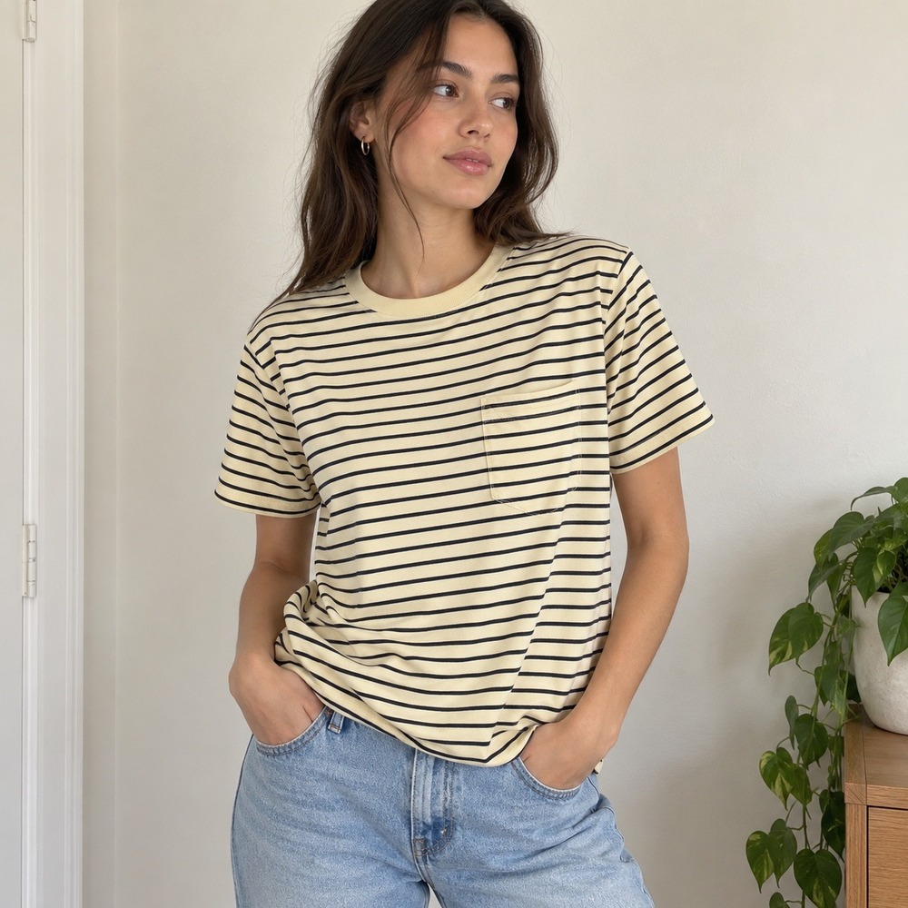 Frame Women Classic Top Medium Yellow Striped Short Sleeve Pocket Tee Preppy